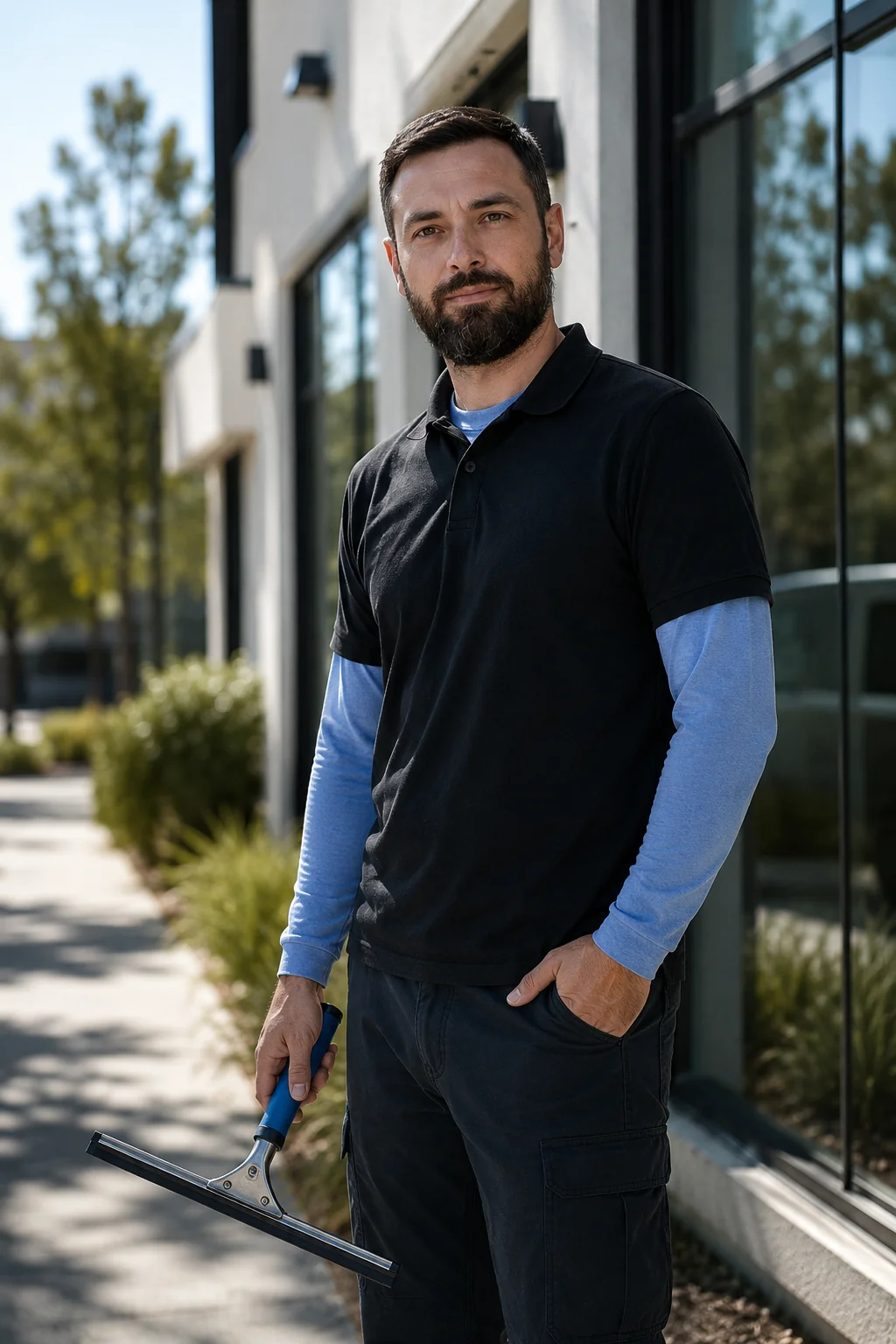 Portrait of a High-Wash Window Cleaning technician holding a squeegee
