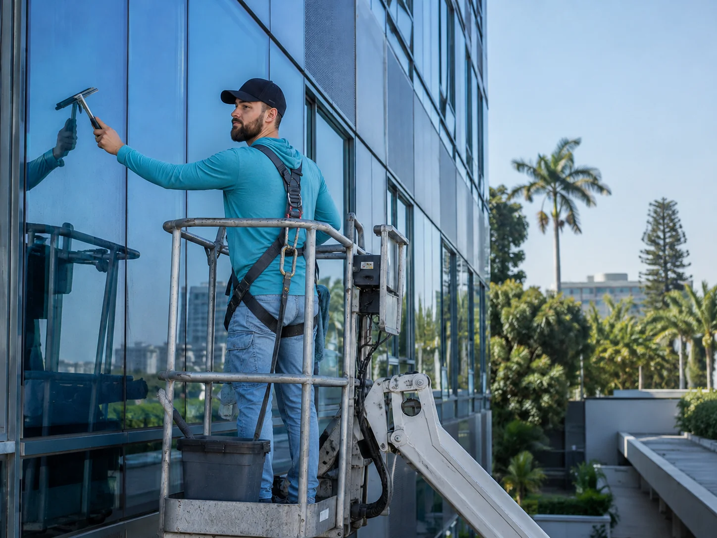 Technician cleaning commercial glass from a boom lift basket