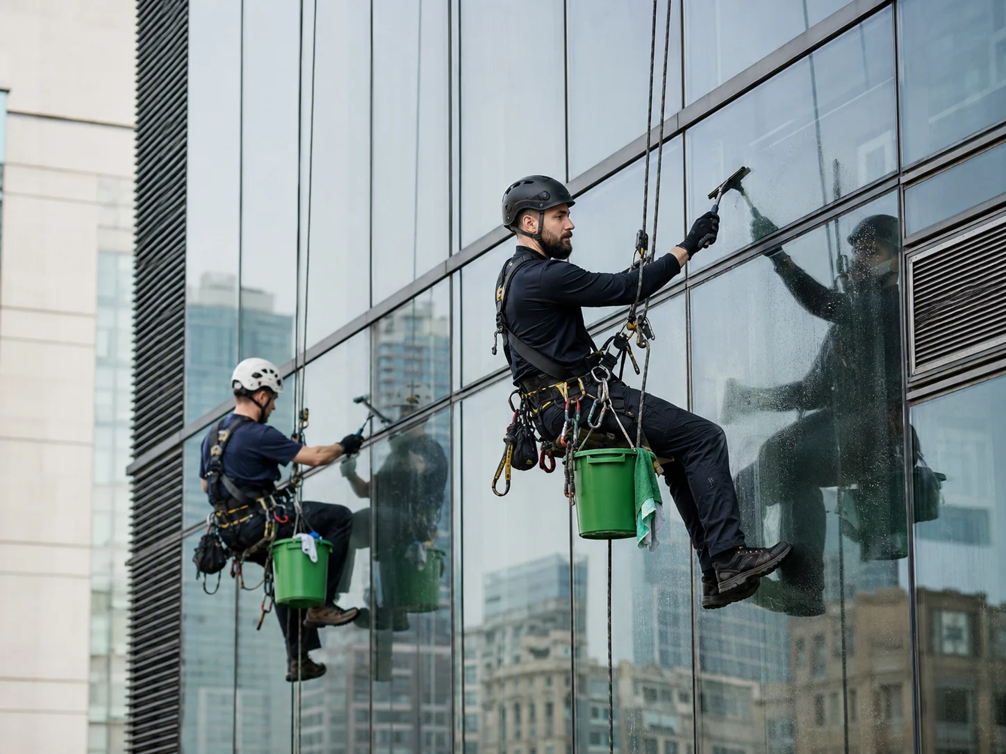 Rope access technician cleaning windows on a building facade