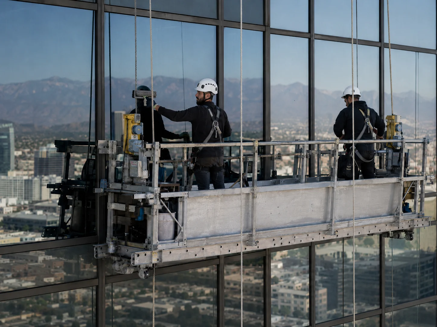 Swing stage platform suspended against a high-rise glass facade