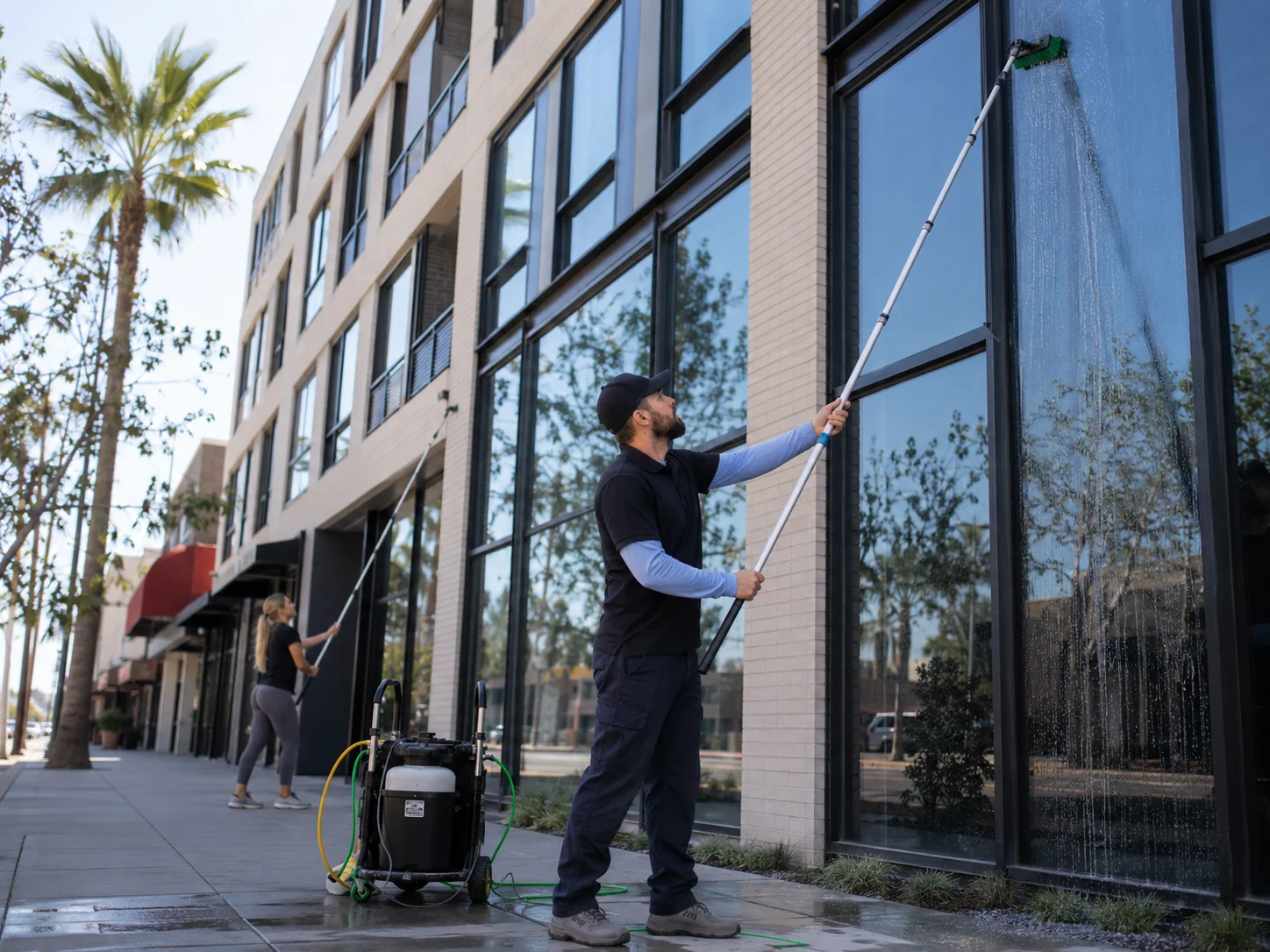 Technician using a water-fed pole to clean second-story commercial windows