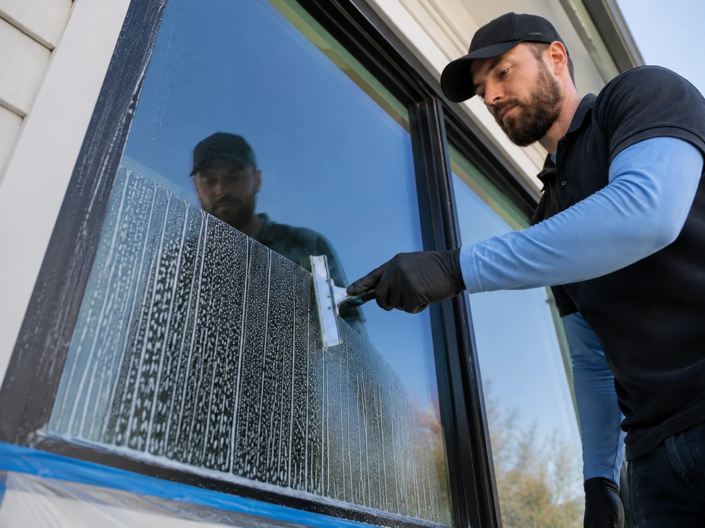 Technician scraping paint overspray and construction dust off a window pane