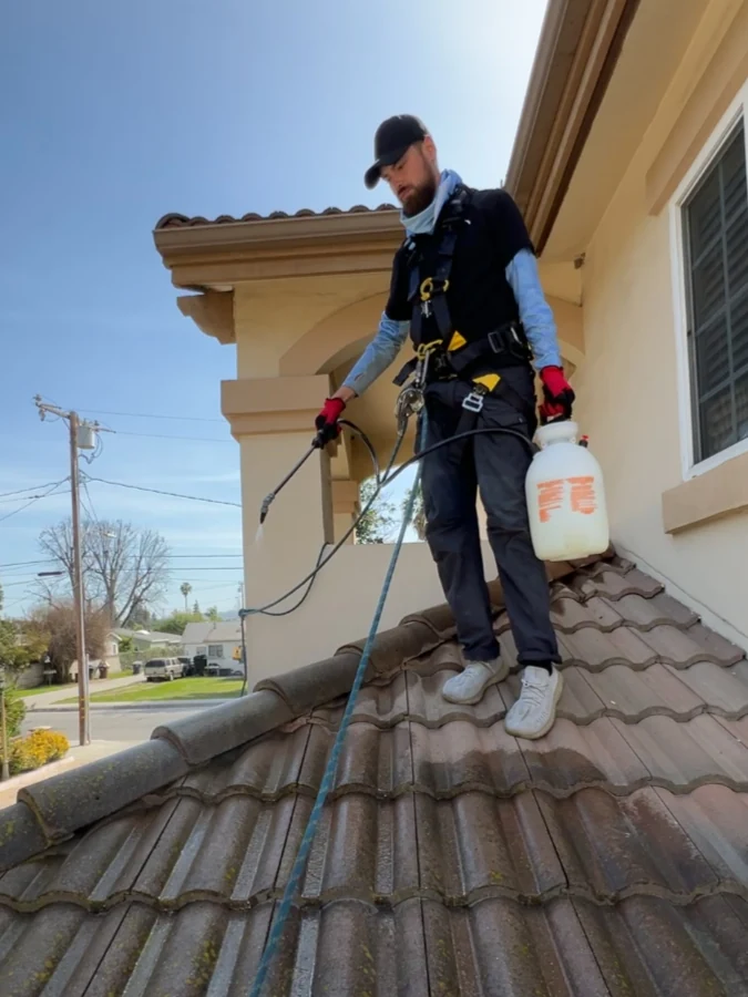 Soft washing treatment applied to a building's tile roof
