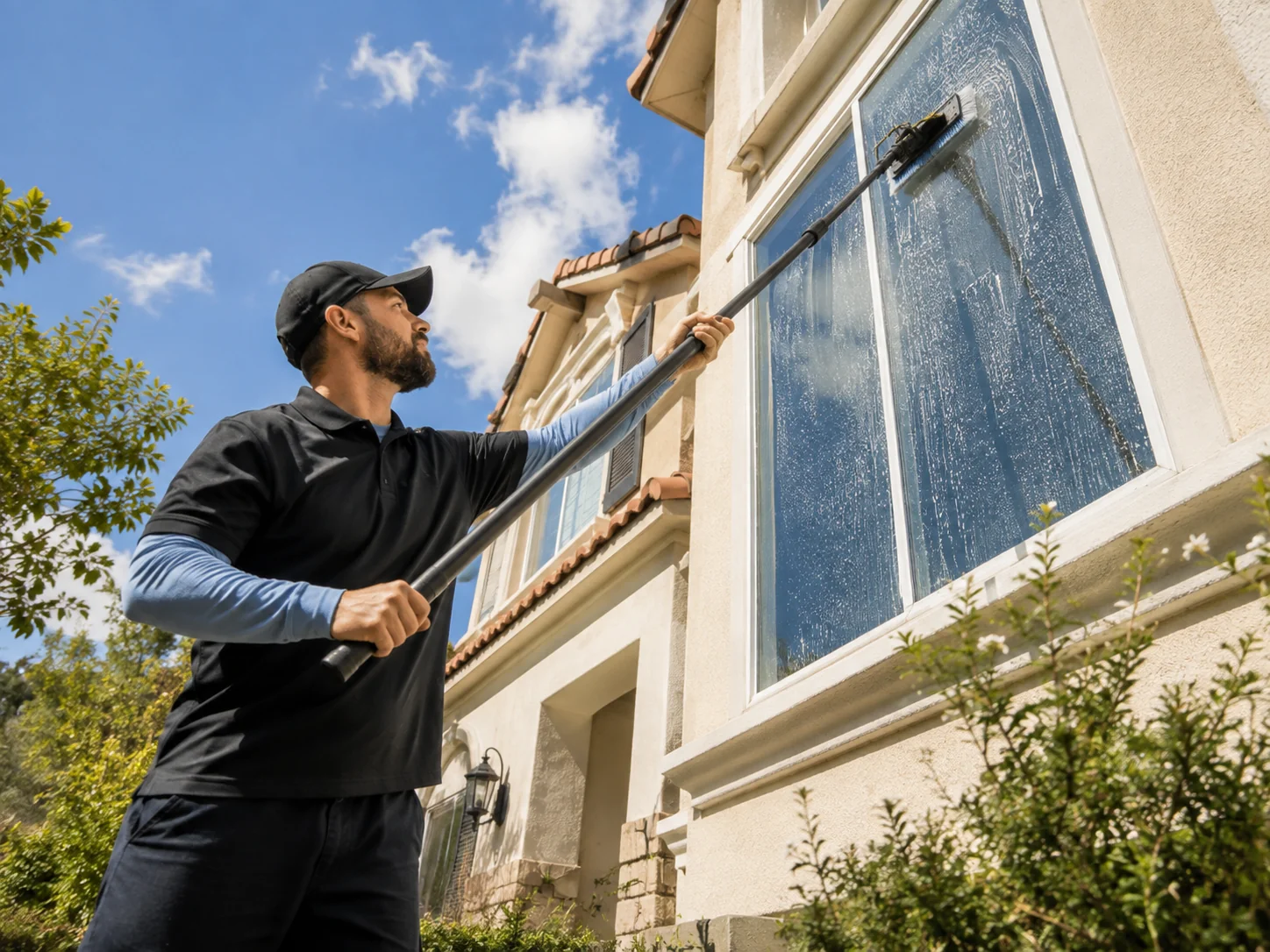 Technician cleaning a home's exterior windows